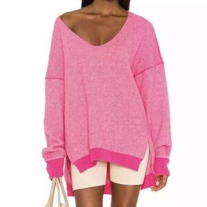 Free People Sweater Weather Sweater V-Neck Slouchy Oversized in Hot Pink - Small